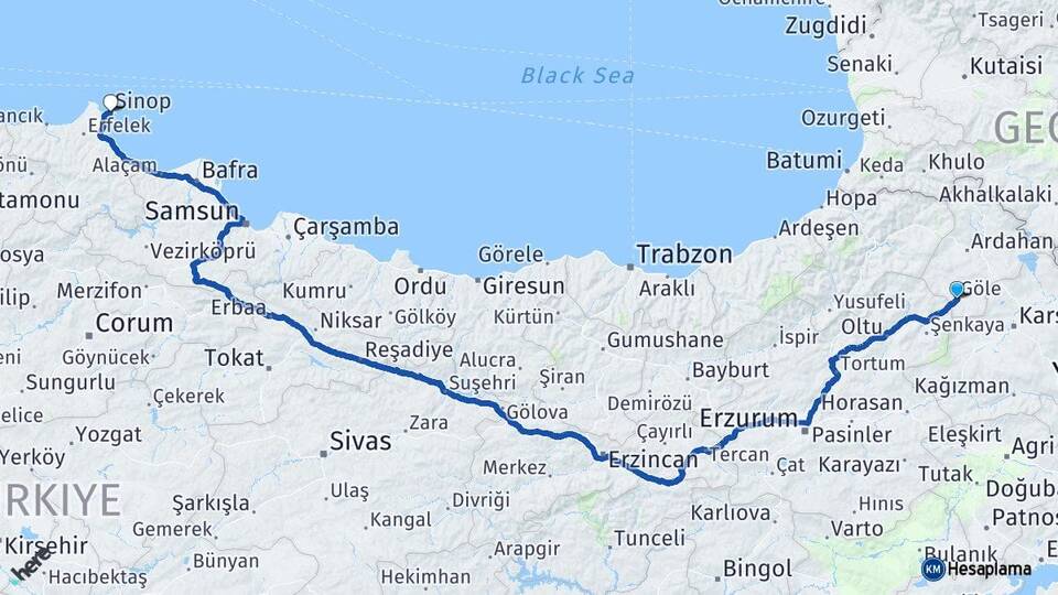Ardahan Göle Sinop Arası Kaç Km - Yol Haritası