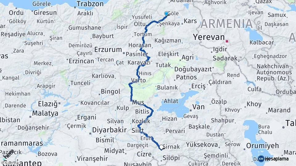 Ardahan Göle Şırnak Arası Kaç Km - Yol Haritası