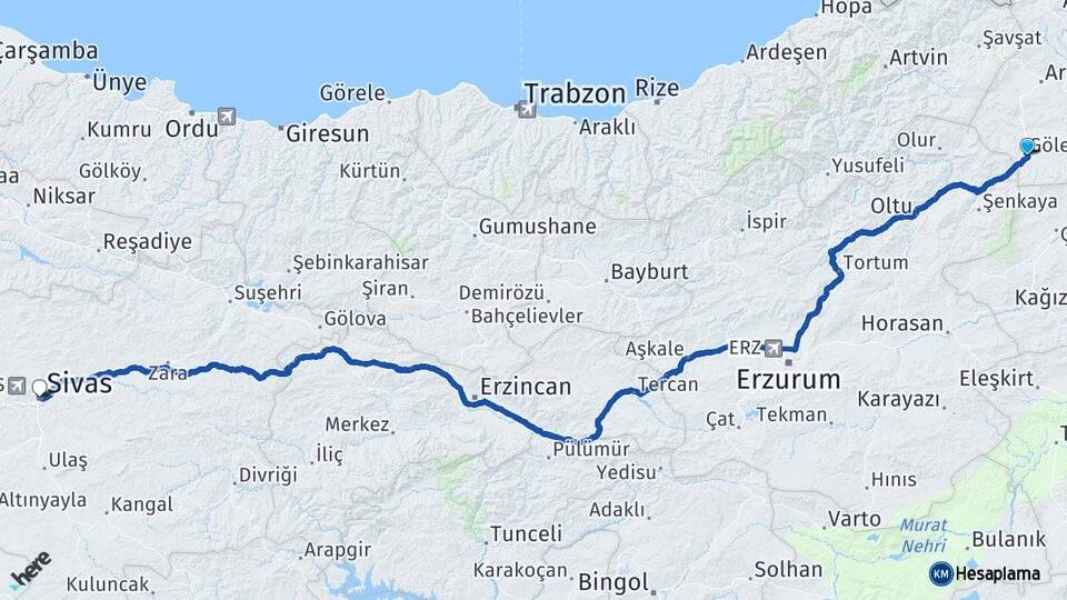 Ardahan Göle Sivas Arası Kaç Km - Yol Haritası