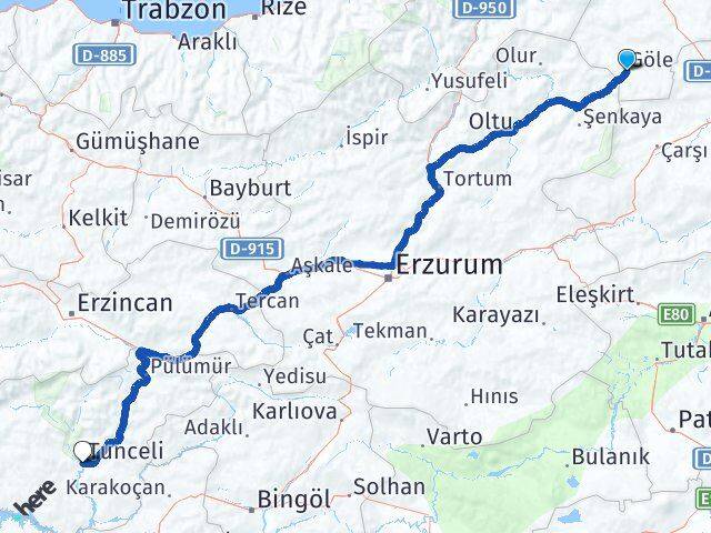 Ardahan Göle Tunceli Arası Kaç Km - Yol Haritası