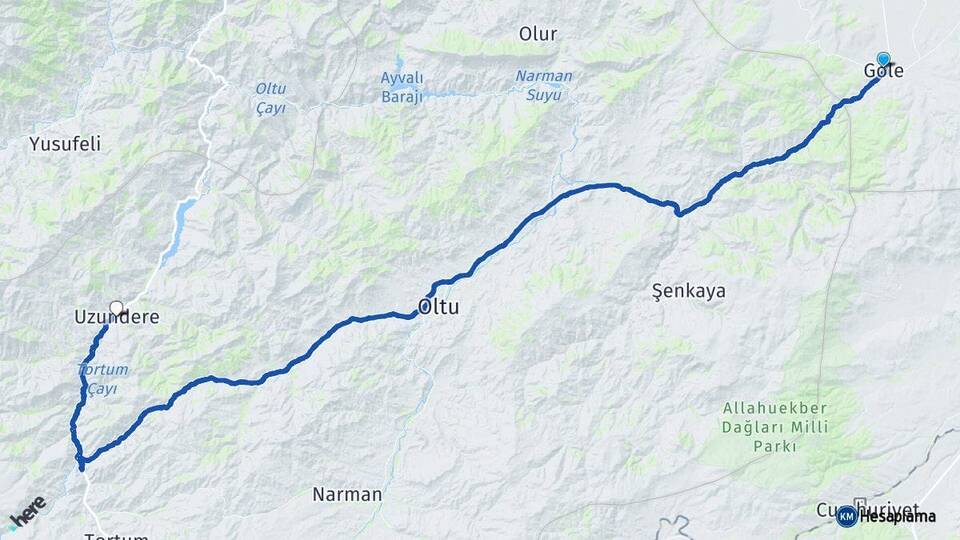 Ardahan Göle Uzundere Erzurum Arası Kaç Km - Yol Haritası