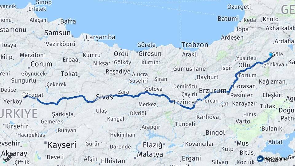 Ardahan Göle Yozgat Arası Kaç Km - Yol Haritası