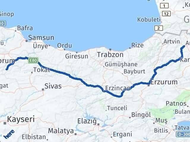 Ardahan Göynücek Amasya Arası Kaç Km - Yol Haritası
