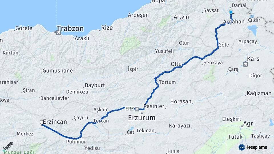 Ardahan Hanak Erzincan Arası Kaç Km - Yol Haritası