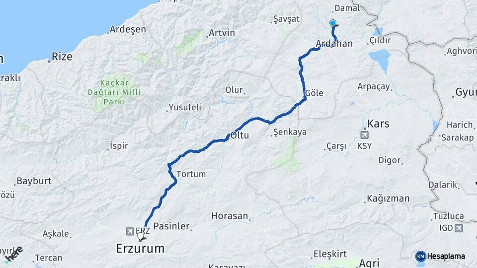 Ardahan Hanak Erzurum Arası Kaç Km - Yol Haritası