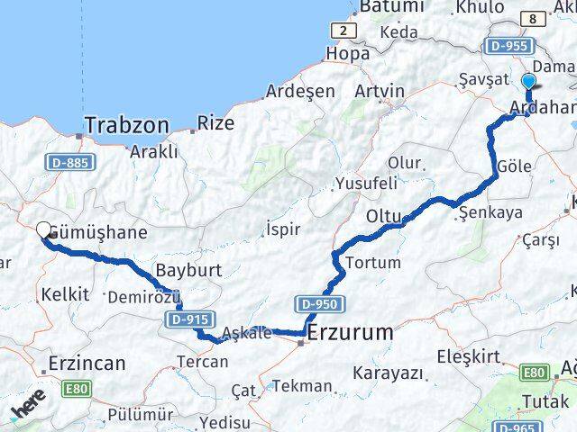Ardahan Hanak Gümüşhane Arası Kaç Km - Yol Haritası