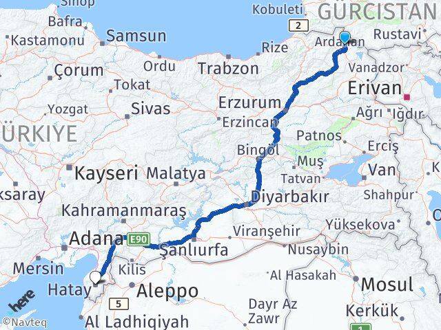 Ardahan Hanak Hatay Arası Kaç Km - Yol Haritası