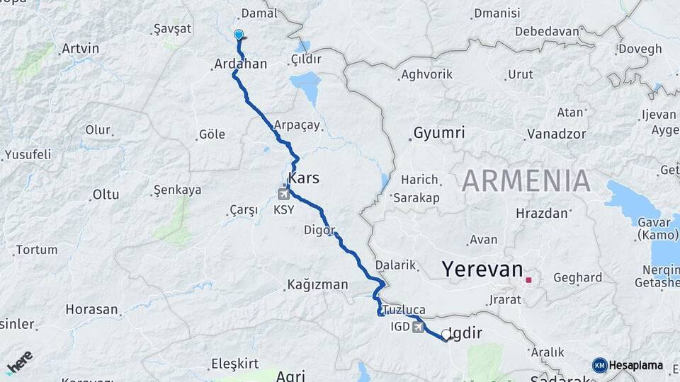 Ardahan Hanak Iğdır Arası Kaç Km - Yol Haritası