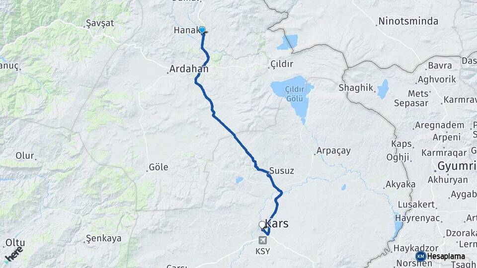 Ardahan Hanak Kars Arası Kaç Km - Yol Haritası