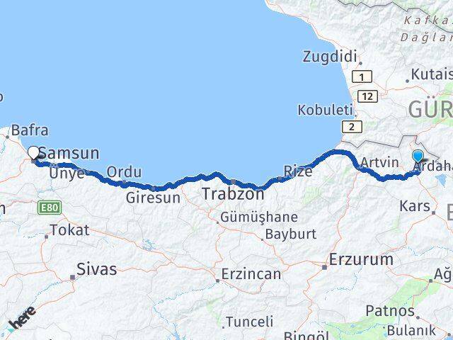 Ardahan Hanak Samsun Arası Kaç Km - Yol Haritası