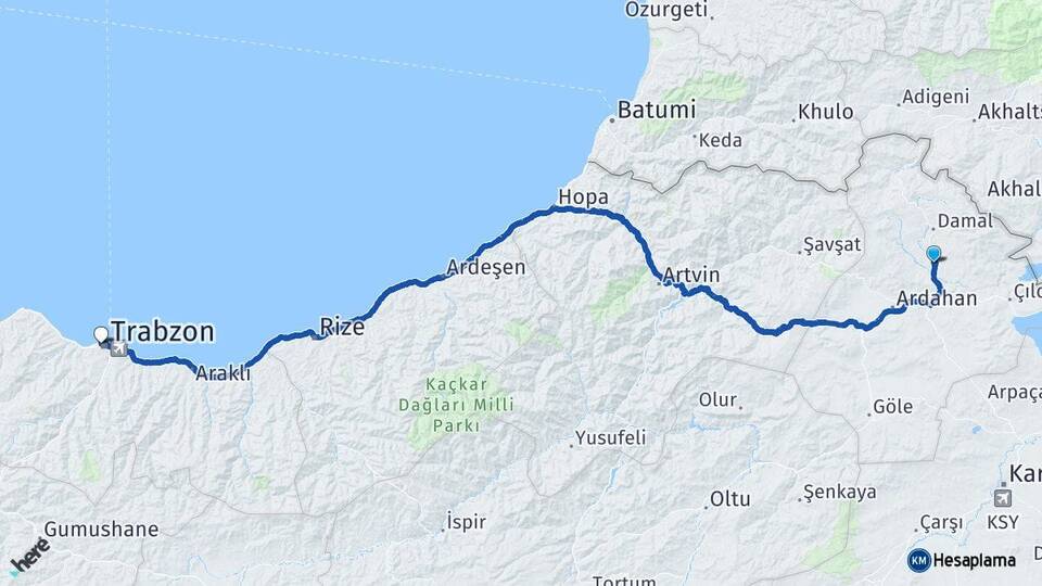 Ardahan Hanak Trabzon Arası Kaç Km - Yol Haritası