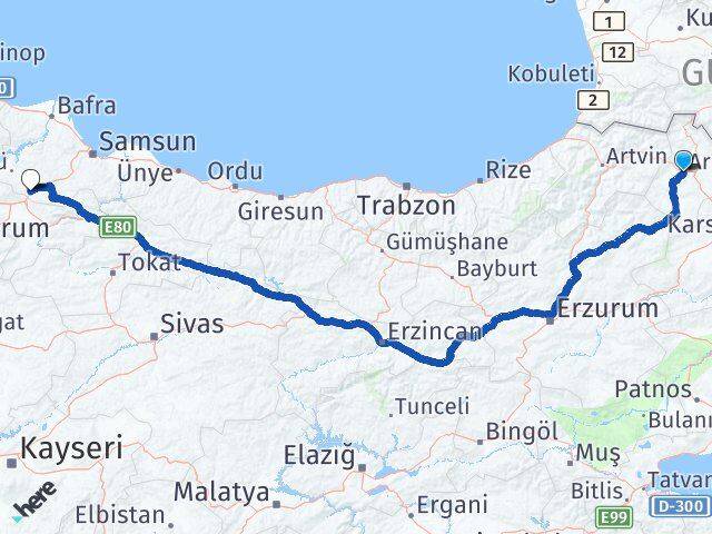 Ardahan Havza Samsun Arası Kaç Km - Yol Haritası