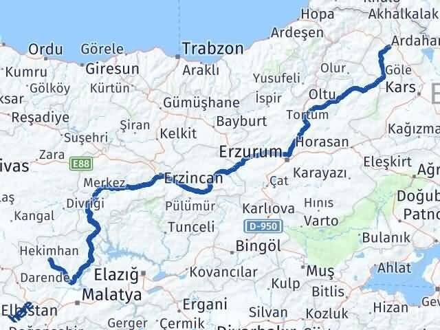 Ardahan Hekimhan Malatya Arası Kaç Km - Yol Haritası
