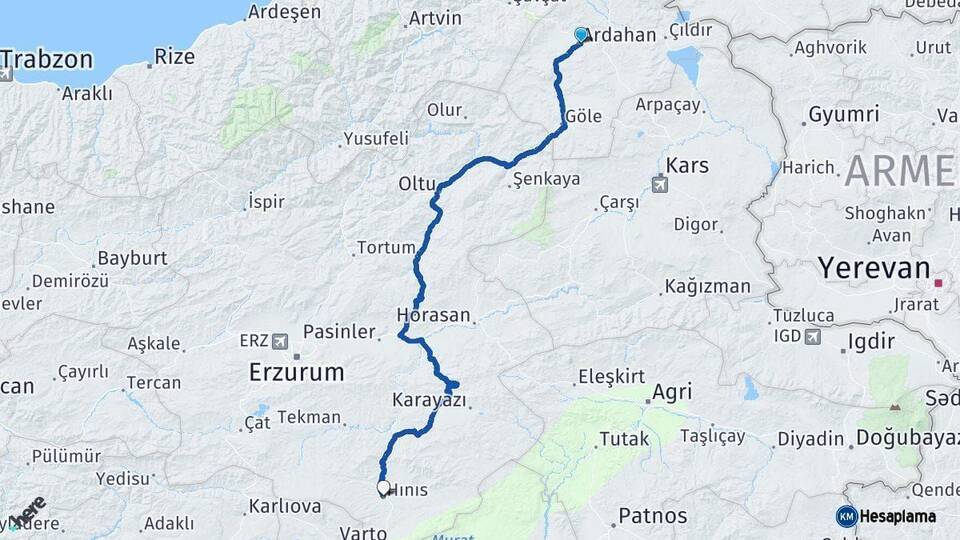 Ardahan Hınıs Erzurum Arası Kaç Km - Yol Haritası