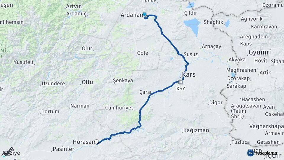 Ardahan Horasan Erzurum Arası Kaç Km - Yol Haritası