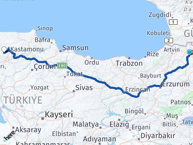 Ardahan İhsangazi Kastamonu Arası Kaç Km - Yol Haritası