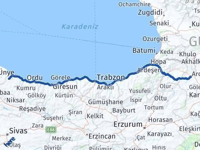 Ardahan İkizce Ordu Arası Kaç Km - Yol Haritası