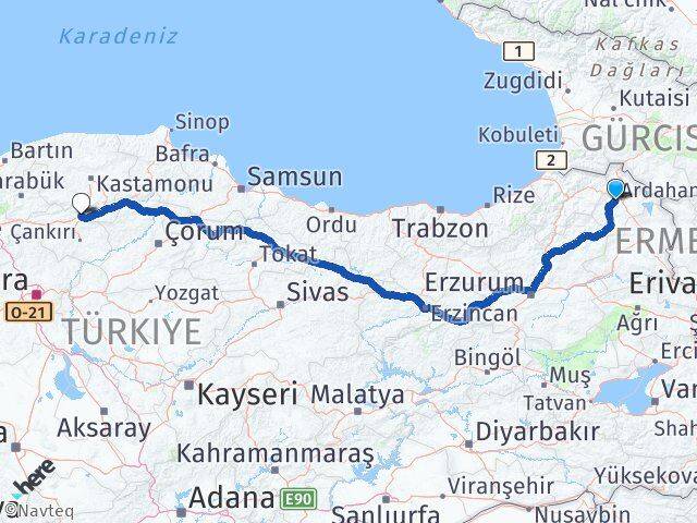 Ardahan Ilgaz Çankırı Arası Kaç Km - Yol Haritası