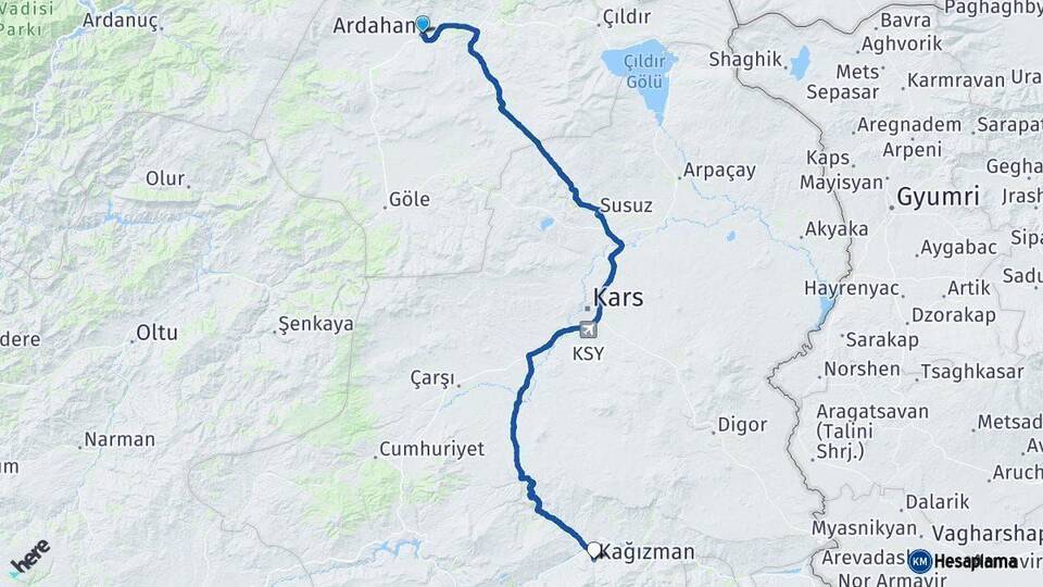 Ardahan Kağızman Kars Arası Kaç Km - Yol Haritası