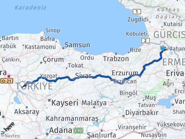 Ardahan Kaman Kırşehir Arası Kaç Km - Yol Haritası