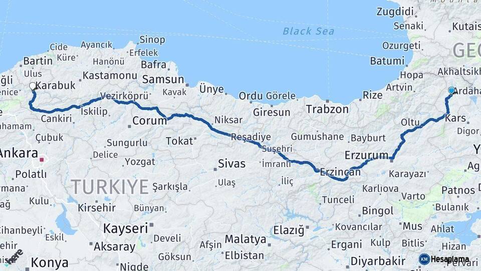 Ardahan Karabük Arası Kaç Km - Yol Haritası