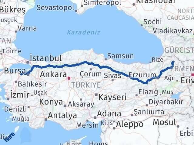 Ardahan Karacabey Bursa Arası Kaç Km - Yol Haritası