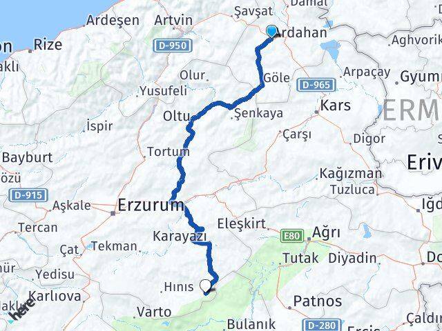 Ardahan Karaçoban Erzurum Arası Kaç Km - Yol Haritası