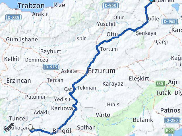 Ardahan Karakoçan Elazığ Arası Kaç Km - Yol Haritası