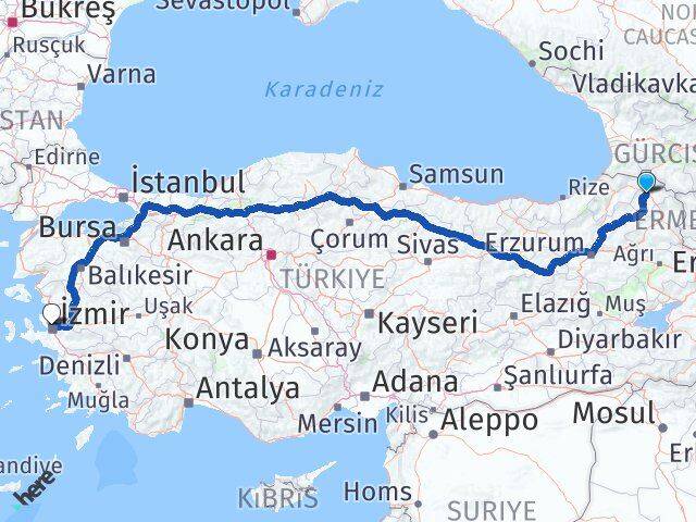 Ardahan Karşıyaka İzmir Arası Kaç Km - Yol Haritası