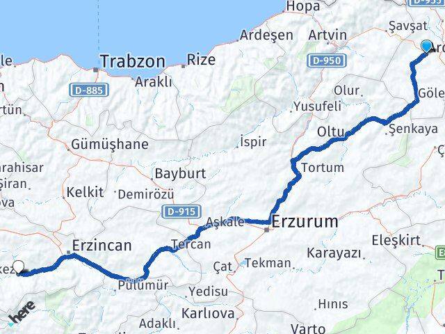 Ardahan Kemah Erzincan Arası Kaç Km - Yol Haritası