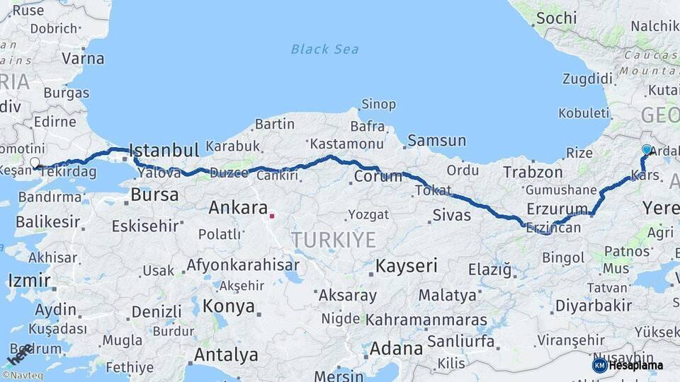 Ardahan Keşan Edirne Arası Kaç Km - Yol Haritası