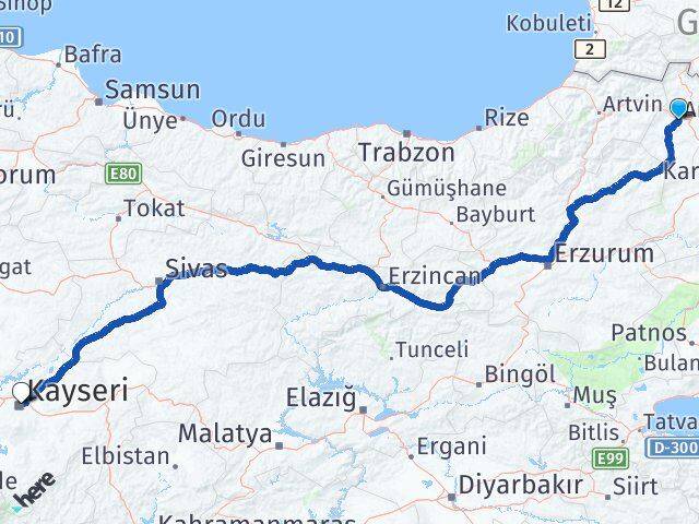 Ardahan Kocasinan Kayseri Arası Kaç Km - Yol Haritası