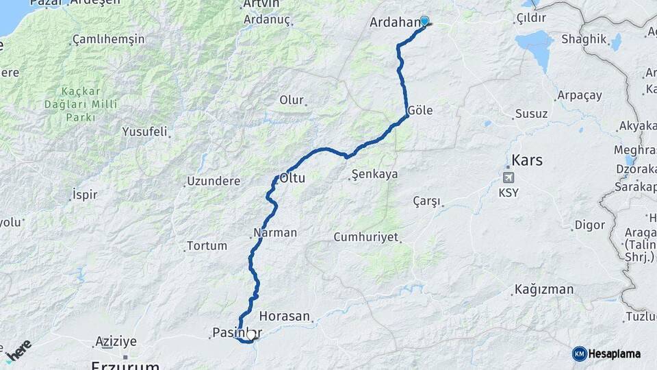 Ardahan Köprüköy Erzurum Arası Kaç Km - Yol Haritası