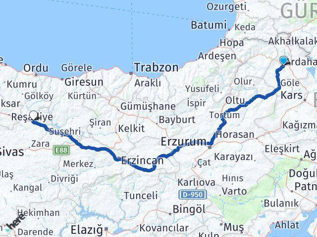 Ardahan Koyulhisar Sivas Arası Kaç Km - Yol Haritası