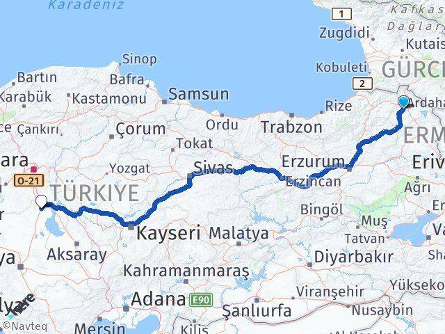Ardahan Kulu Konya Arası Kaç Km - Yol Haritası