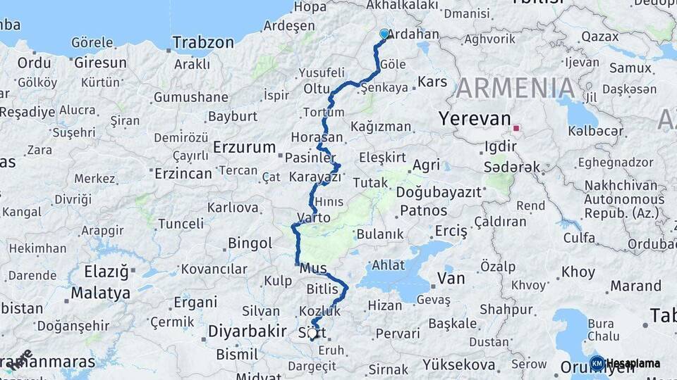 Ardahan Kurtalan Siirt Arası Kaç Km - Yol Haritası