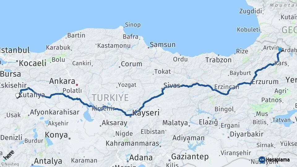 Ardahan Kütahya Arası Kaç Km - Yol Haritası