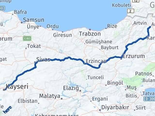 Ardahan Melikgazi Kayseri Arası Kaç Km - Yol Haritası