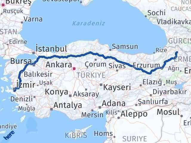 Ardahan Menderes İzmir Arası Kaç Km - Yol Haritası