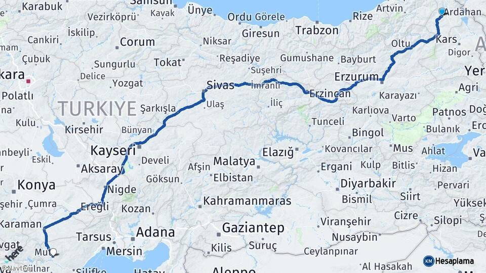 Ardahan Mut Mersin Arası Kaç Km - Yol Haritası