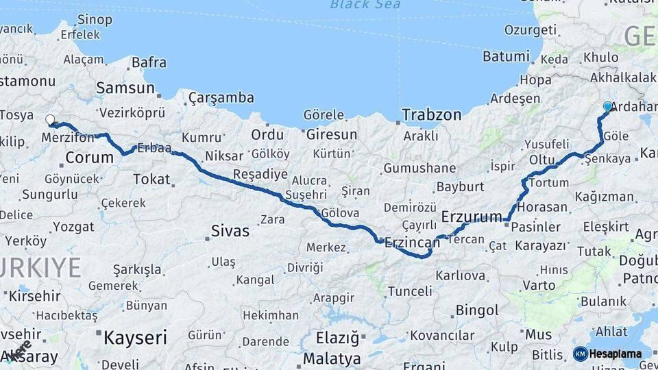Ardahan Osmancık Çorum Arası Kaç Km - Yol Haritası