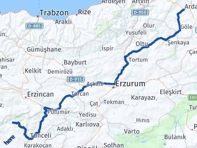 Ardahan Ovacık Tunceli Arası Kaç Km - Yol Haritası