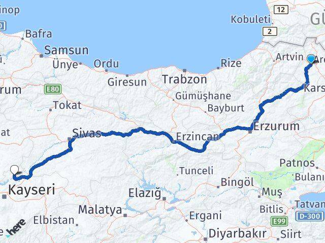 Ardahan Özvatan Kayseri Arası Kaç Km - Yol Haritası
