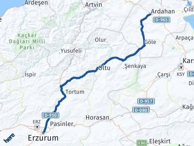 Ardahan Palandöken Erzurum Arası Kaç Km - Yol Haritası