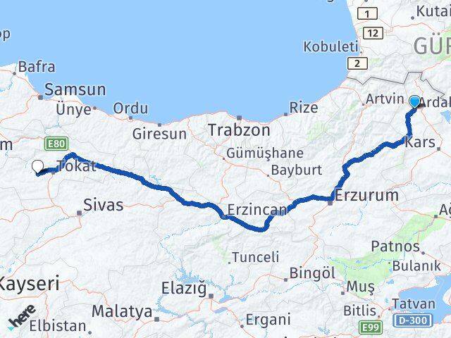 Ardahan Pazar Tokat Arası Kaç Km - Yol Haritası