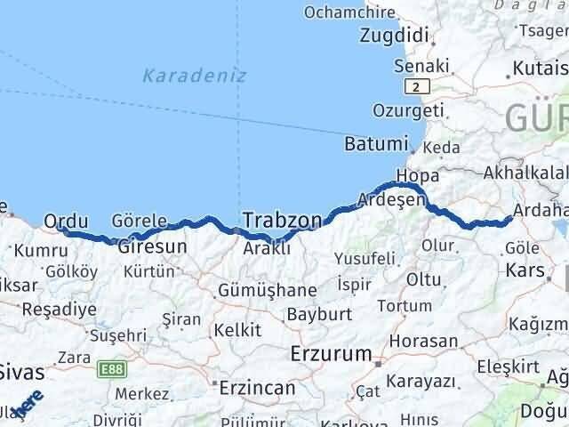 Ardahan Perşembe Ordu Arası Kaç Km - Yol Haritası
