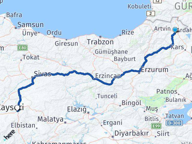 Ardahan Pınarbaşı Kayseri Arası Kaç Km - Yol Haritası