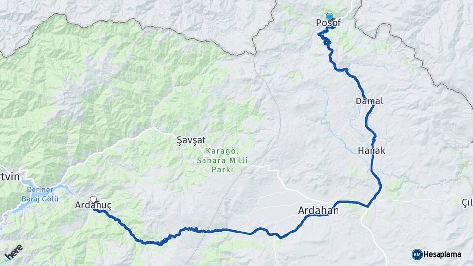 Ardahan Posof Ardanuç Artvin Arası Kaç Km - Yol Haritası
