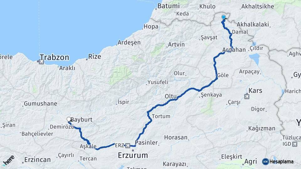Ardahan Posof Bayburt Arası Kaç Km - Yol Haritası