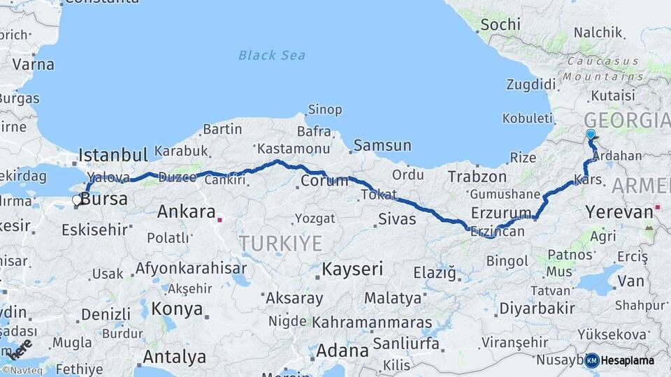 Ardahan Posof Bursa Arası Kaç Km - Yol Haritası